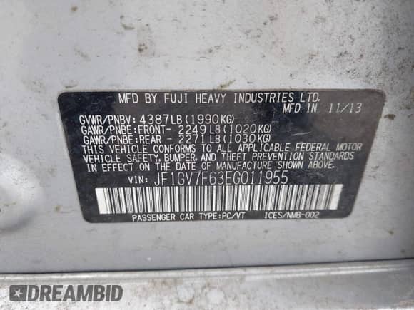 2014 Subaru WRX WRX Limited с VIN JF1GV7F63EG011955, выставлен на аукционе IAAI как лот 42880417 с пробегом 69 685 миль миль и . История ставок и продаж доступна на DreamBid. Изображение 9.