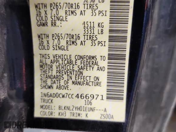 2012 Nissan Frontier SV with VIN 1N6AD0CW7CC466971, listed as a Copart auction lot 59786185 with 173,342 mi miles and Salvage title. Bid and sale history available at DreamBid. Image 12.