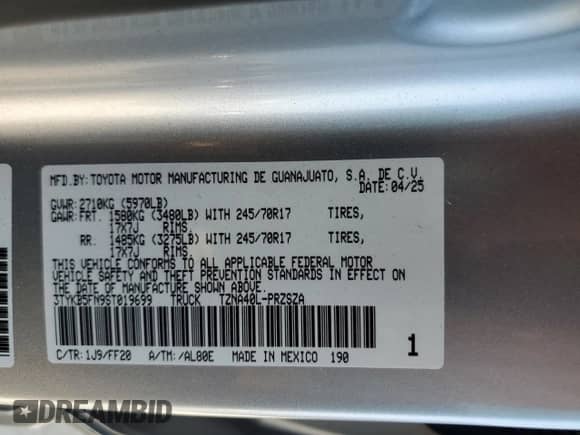 2025 Toyota Tacoma SR5 с VIN 3TYKB5FN9ST019699, выставлен на аукционе Copart как лот 86681295 с пробегом 1 276 миль миль и На запчасти • Non repairable. История ставок и продаж доступна на DreamBid. Изображение 12.