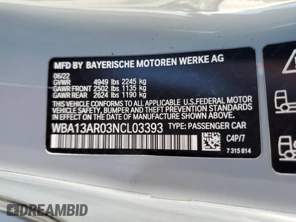 2022 BMW 4 Series M440i xDrive с VIN WBA13AR03NCL03393, выставлен на аукционе Copart как лот 52032545 с пробегом 46 925 миль миль и Списание • Salvage title. История ставок и продаж доступна на DreamBid. Изображение 15.