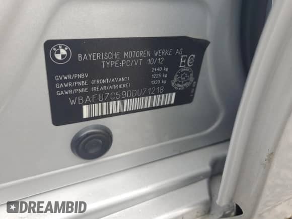 2013 BMW 5 Series 535i xDrive with VIN WBAFU7C59DDU71218, listed as a Copart auction lot 81726795 with Not provided miles and Salvage title. Bid and sale history available at DreamBid. Image 12.