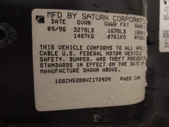 1997 Saturn SL with VIN 1G8ZH5280VZ172929, listed as a IAAI auction lot 41273214 with 134,972 mi miles and . Bid and sale history available at DreamBid. Image 9.