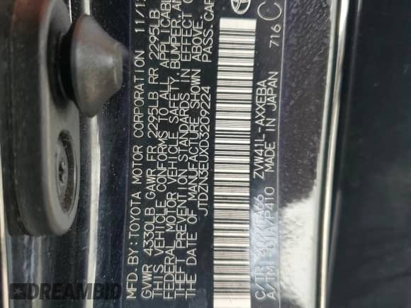 2013 Toyota Prius Two with VIN JTDZN3EUXD3209224, listed as a Copart auction lot 85172095 with 103,629 mi miles and Salvage title. Bid and sale history available at DreamBid. Image 13.