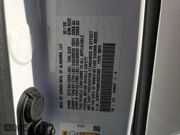 2020 Honda Pilot Touring 7-Passenger с VIN 5FNYF5H66LB022002, выставлен на аукционе Copart как лот 44137015 с пробегом 14 987 миль миль и Списание • Salvage title. История ставок и продаж доступна на DreamBid. Изображение 13.