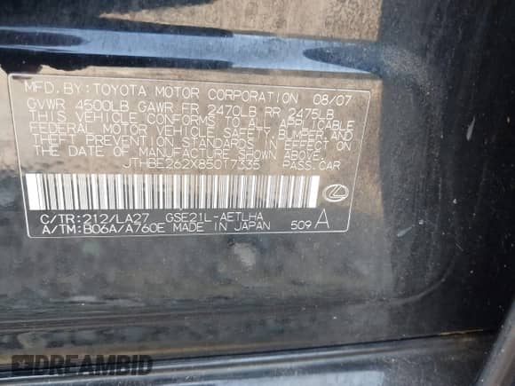 2008 Lexus IS 350 with VIN JTHBE262X85017335, listed as a IAAI auction lot 42484517 with 225,084 mi miles and . Bid and sale history available at DreamBid. Image 9.