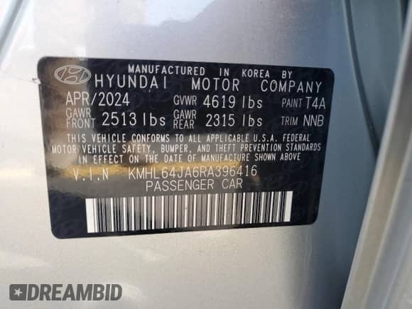 2024 Hyundai Sonata SEL with VIN KMHL64JA6RA396416, listed as a Copart auction lot 60654175 with 6,159 mi miles and Salvage title. Bid and sale history available at DreamBid. Image 12.