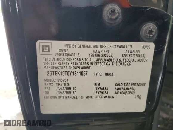 2000 GMC Sierra 1500 SLE с VIN 2GTEK19T0Y1311057, выставлен на аукционе Copart как лот 67819955 с пробегом 184 976 миль миль и Списание • Salvage title. История ставок и продаж доступна на DreamBid. Изображение 12.