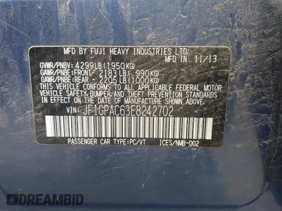 2014 Subaru Impreza Premium with VIN JF1GPAC63E8242702, listed as a IAAI auction lot 42896782 with 153,521 mi miles and . Bid and sale history available at DreamBid. Image 9.