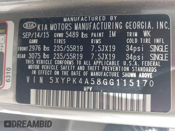 2016 Kia Sorento SXL with VIN 5XYPK4A58GG115170, listed as a IAAI auction lot 42689300 with 123,640 mi miles and . Bid and sale history available at DreamBid. Image 9.