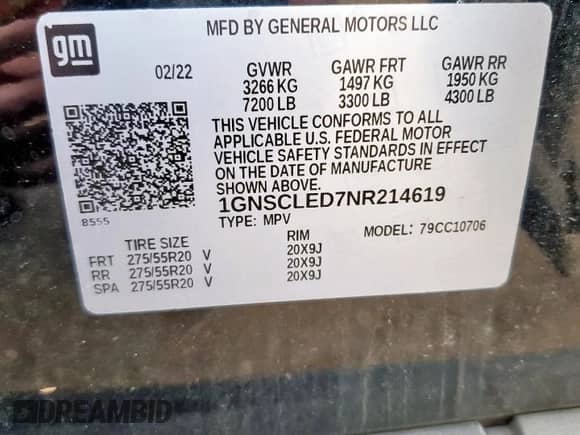 2022 Chevrolet Tahoe Commercial with VIN 1GNSCLED7NR214619, listed as a Copart auction lot 65271605 with 63,721 mi miles and Salvage title. Bid and sale history available at DreamBid. Image 13.