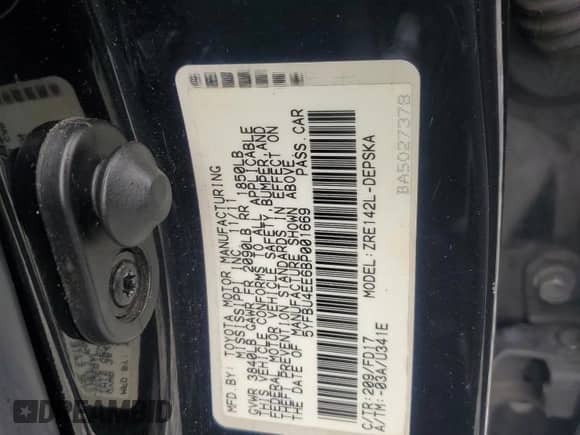 2011 Toyota Corolla L с VIN 5YFBU4EE6BP001669, выставлен на аукционе Copart как лот 85522115 с пробегом 156 306 миль миль и Списание • Salvage title. История ставок и продаж доступна на DreamBid. Изображение 13.