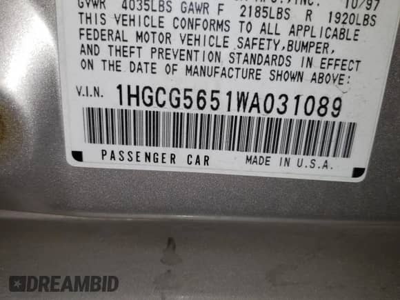 1998 Honda Accord EX with VIN 1HGCG5651WA031089, listed as a Copart auction lot 64525605 with Not provided miles and Non repairable. Bid and sale history available at DreamBid. Image 12.