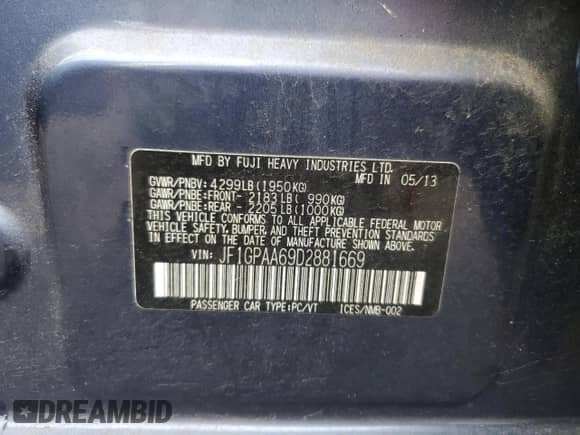 2013 Subaru Impreza 2.0i z VIN JF1GPAA69D2881669, wystawiony jako Copart lot #70097215 z przebiegiem 77 145 mil mil oraz Szkoda całkowita • Salvage title. Historia ofert i sprzedaży dostępna na DreamBid. Obrazek 12.