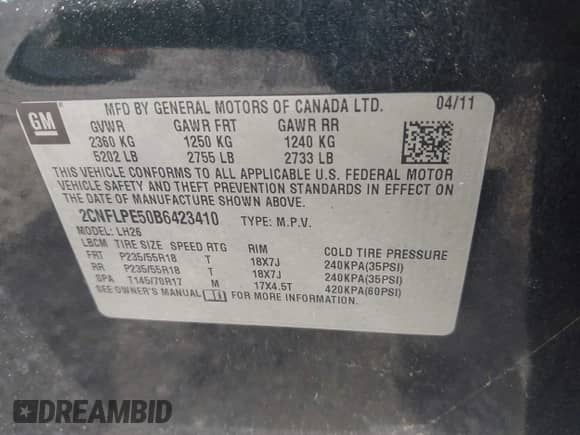 2011 Chevrolet Equinox 2LT with VIN 2CNFLPE50B6423410, listed as a IAAI auction lot 42859209 with 235,775 mi miles and . Bid and sale history available at DreamBid. Image 9.