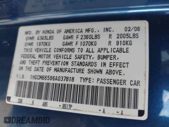 2006 Honda Accord EX-L with VIN 1HGCM66596A037818, listed as a IAAI auction lot 43280449 with 270,623 mi miles and . Bid and sale history available at DreamBid. Image 9.