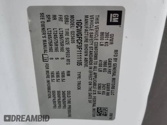 2015 Chevrolet Express Cargo z VIN 1GCWGFCF3F1111105, wystawiony jako Copart lot #68623425 z przebiegiem 208 639 mil mil oraz Nie do naprawy • Non repairable. Historia ofert i sprzedaży dostępna na DreamBid. Obrazek 13.