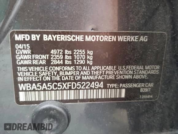 2015 BMW 5 Series 528i с VIN WBA5A5C5XFD522494, выставлен на аукционе Copart как лот 90410745 с пробегом 186 452 миль миль и Чистый • Clean title. История ставок и продаж доступна на DreamBid. Изображение 13.