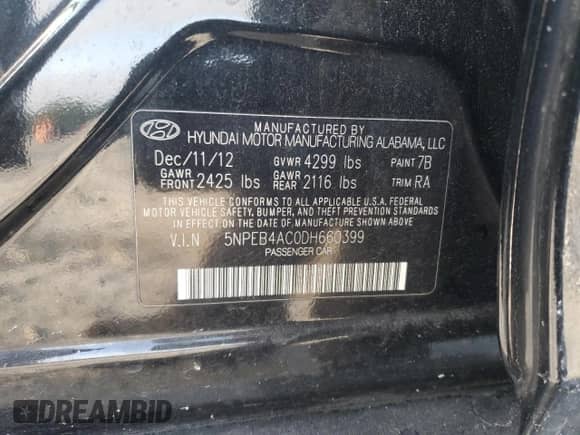 2013 Hyundai Sonata GLS z VIN 5NPEB4AC0DH660399, wystawiony jako Copart lot #65064445 z przebiegiem 129 940 mil mil oraz Nie do naprawy • Non repairable. Historia ofert i sprzedaży dostępna na DreamBid. Obrazek 12.