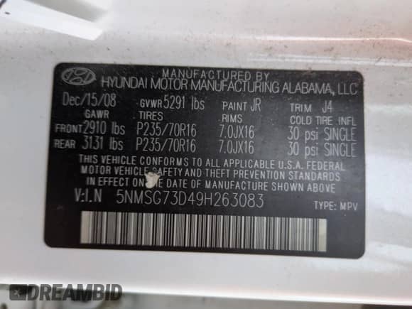 2009 Hyundai Santa Fe GLS с VIN 5NMSG73D49H263083, выставлен на аукционе Copart как лот 65267165 с пробегом 166 971 миль миль и Списание • Salvage title. История ставок и продаж доступна на DreamBid. Изображение 13.