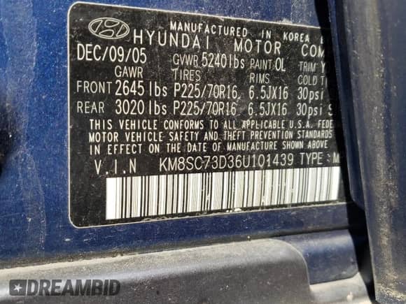 2006 Hyundai Santa Fe GLS с VIN KM8SC73D36U101439, выставлен на аукционе Copart как лот 70234054 с пробегом Не указан миль и Списание • Salvage title. История ставок и продаж доступна на DreamBid. Изображение 12.