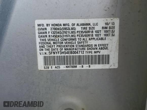 2014 Honda Pilot EX-L z VIN 5FNYF3H54EB004712, wystawiony jako Copart lot #59545115 z przebiegiem 117 002 mil mil oraz Szkoda całkowita • Salvage title. Historia ofert i sprzedaży dostępna na DreamBid. Obrazek 13.