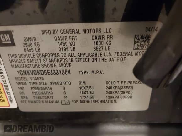 2014 Chevrolet Traverse LT с VIN 1GNKVGKD6EJ331564, выставлен на аукционе IAAI как лот 42928670 с пробегом 194 363 миль миль и . История ставок и продаж доступна на DreamBid. Изображение 9.