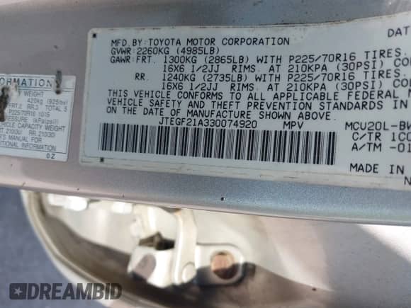 2003 Toyota Highlander с VIN JTEGF21A330074920, выставлен на аукционе IAAI как лот 42954330 с пробегом 142 106 миль миль и . История ставок и продаж доступна на DreamBid. Изображение 9.