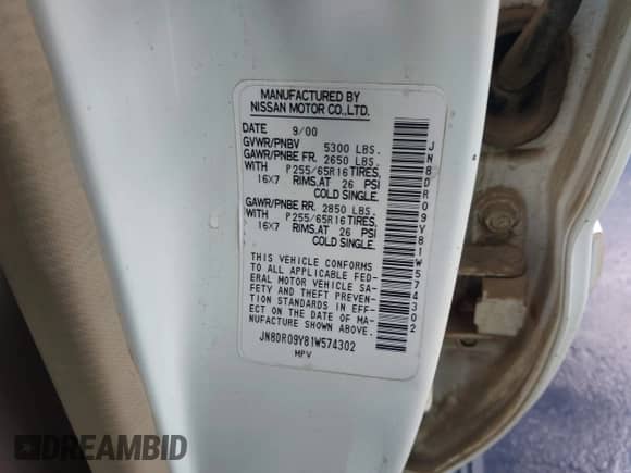 2001 Nissan Pathfinder LE z VIN JN8DR09Y81W574302, wystawiony jako IAAI lot #43369624 z przebiegiem 256 007 mil mil oraz . Historia ofert i sprzedaży dostępna na DreamBid. Obrazek 9.