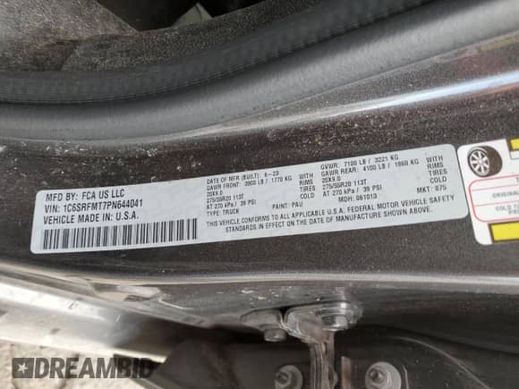 2023 Ram 1500 Big Horn with VIN 1C6SRFMT7PN644041, listed as a Copart auction lot 87510025 with 32,190 mi miles and Salvage title. Bid and sale history available at DreamBid. Image 14.
