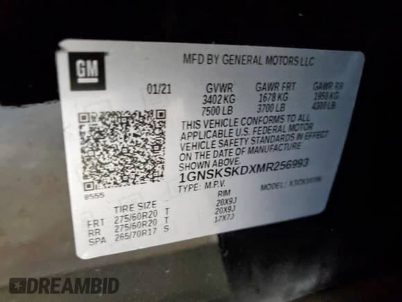 2021 Chevrolet Tahoe Premier z VIN 1GNSKSKDXMR256993, wystawiony jako Copart lot #80742055 z przebiegiem 79 860 mil mil oraz Szkoda całkowita • Salvage title. Historia ofert i sprzedaży dostępna na DreamBid. Obrazek 14.