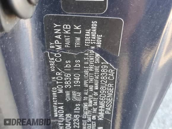 2008 Hyundai Tiburon GS with VIN KMHHM66D98U283891, listed as a Copart auction lot 79935854 with 205,482 mi miles and Salvage title. Bid and sale history available at DreamBid. Image 14.