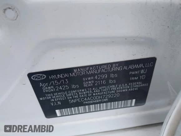 2013 Hyundai Sonata SE with VIN 5NPEC4AC0DH729220, listed as a IAAI auction lot 43095272 with 116,829 mi miles and . Bid and sale history available at DreamBid. Image 9.