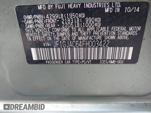 2015 Subaru Impreza Premium с VIN JF1GJAC64FH003422, выставлен на аукционе IAAI как лот 42822570 с пробегом 241 165 миль миль и . История ставок и продаж доступна на DreamBid. Изображение 9.