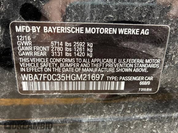 2017 BMW 7 Series 750i с VIN WBA7F0C35HGM21697, выставлен на аукционе Copart как лот 64385715 с пробегом Не указан миль и Списание • Salvage title. История ставок и продаж доступна на DreamBid. Изображение 10.