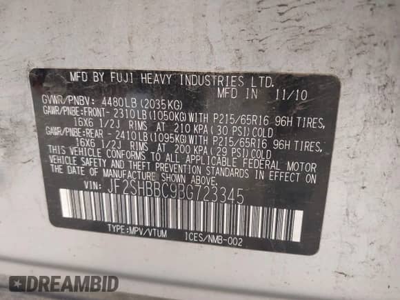 2011 Subaru Forester X z VIN JF2SHBBC9BG723345, wystawiony jako IAAI lot #42633930 z przebiegiem 173 359 mil mil oraz . Historia ofert i sprzedaży dostępna na DreamBid. Obrazek 9.