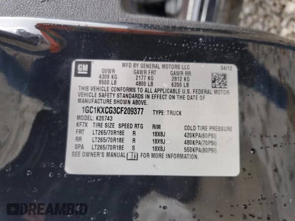 2012 Chevrolet Silverado 2500HD LT with VIN 1GC1KXCG3CF209377, listed as a Copart auction lot 61251315 with 192,344 mi miles and Non repairable. Bid and sale history available at DreamBid. Image 12.