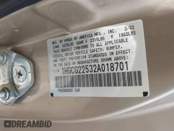 2002 Honda Accord EX с VIN 1HGCG22532A018701, выставлен на аукционе IAAI как лот 42568304 с пробегом 91 445 миль миль и . История ставок и продаж доступна на DreamBid. Изображение 9.