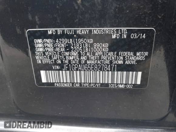 2014 Subaru Impreza Special Sports Limited z VIN JF1GPAU65E8278471, wystawiony jako IAAI lot #42518864 z przebiegiem 184 108 mil mil oraz . Historia ofert i sprzedaży dostępna na DreamBid. Obrazek 9.