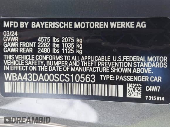 2025 BMW 4 Series 430i with VIN WBA43DA00SCS10563, listed as a IAAI auction lot 42510336 with 20,810 mi miles and . Bid and sale history available at DreamBid. Image 9.