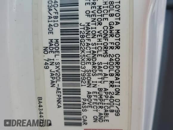 1999 Toyota Camry LE z VIN JT2BG22K5X0379921, wystawiony jako Copart lot #83845065 z przebiegiem 200 885 mil mil oraz Szkoda całkowita • Salvage title. Historia ofert i sprzedaży dostępna na DreamBid. Obrazek 12.