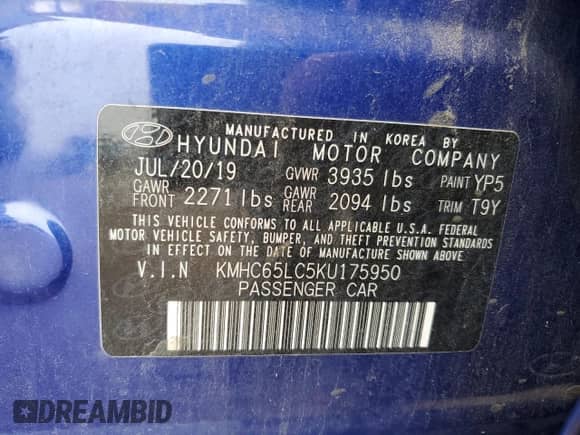 2019 Hyundai Ioniq Blue with VIN KMHC65LC5KU175950, listed as a Copart auction lot 61527795 with 201,378 mi miles and Salvage title. Bid and sale history available at DreamBid. Image 13.