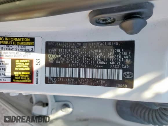 2020 Toyota Camry XSE with VIN 4T1KZ1AK4LU035444, listed as a Copart auction lot 71513615 with 74,236 mi miles and Salvage title. Bid and sale history available at DreamBid. Image 12.