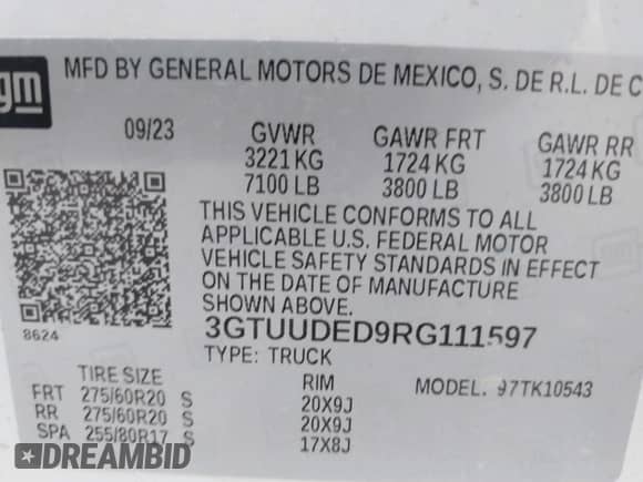 2024 GMC Sierra 1500 SLT с VIN 3GTUUDED9RG111597, выставлен на аукционе IAAI как лот 43054968 с пробегом 38 755 миль миль и . История ставок и продаж доступна на DreamBid. Изображение 9.