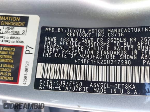 2016 Toyota Camry XLE with VIN 4T1BF1FK2GU217280, listed as a IAAI auction lot 43458562 with 206,440 mi miles and . Bid and sale history available at DreamBid. Image 9.