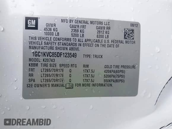 2013 Chevrolet Silverado 2500HD Work Truck z VIN 1GC1KVC85DF123549, wystawiony jako IAAI lot #41683756 z przebiegiem 150 572 mil mil oraz . Historia ofert i sprzedaży dostępna na DreamBid. Obrazek 9.