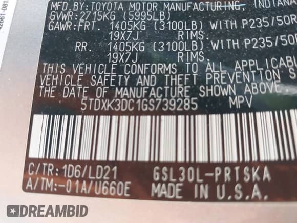 2016 Toyota Sienna SE with VIN 5TDXK3DC1GS739285, listed as a IAAI auction lot 42570433 with 143,382 mi miles and . Bid and sale history available at DreamBid. Image 9.