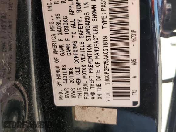 2010 Honda Accord EX with VIN 1HGCP2F75AA021819, listed as a Copart auction lot 81947205 with 266,123 mi miles and Salvage title. Bid and sale history available at DreamBid. Image 13.