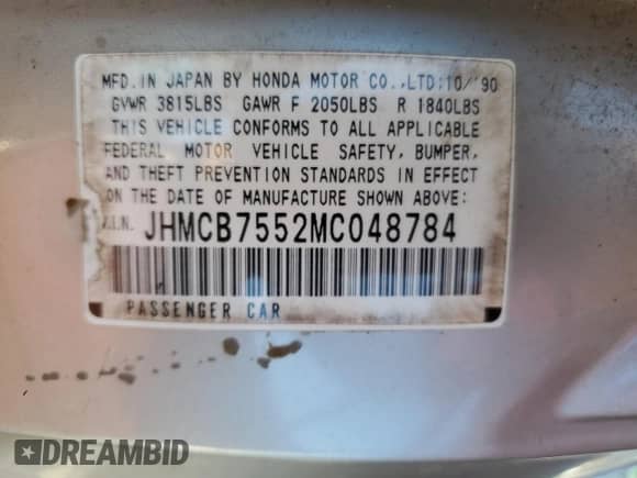 1991 Honda Accord с VIN JHMCB7552MC048784, выставлен на аукционе Copart как лот 69981975 с пробегом 238 275 миль миль и Списание • Salvage title. История ставок и продаж доступна на DreamBid. Изображение 12.