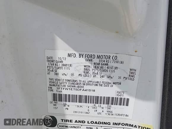 2013 Ford F-150 XL with VIN 1FTFW1ET5DFA41518, listed as a IAAI auction lot 42494924 with 248,021 mi miles and . Bid and sale history available at DreamBid. Image 9.