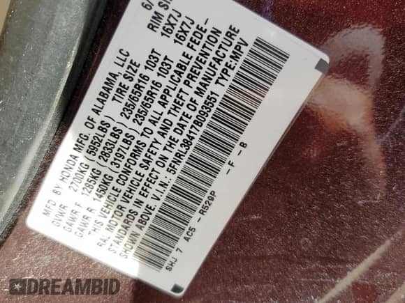 2007 Honda Odyssey EX with VIN 5FNRL38417B093551, listed as a Copart auction lot 84457845 with 239,200 mi miles and Salvage title. Bid and sale history available at DreamBid. Image 13.